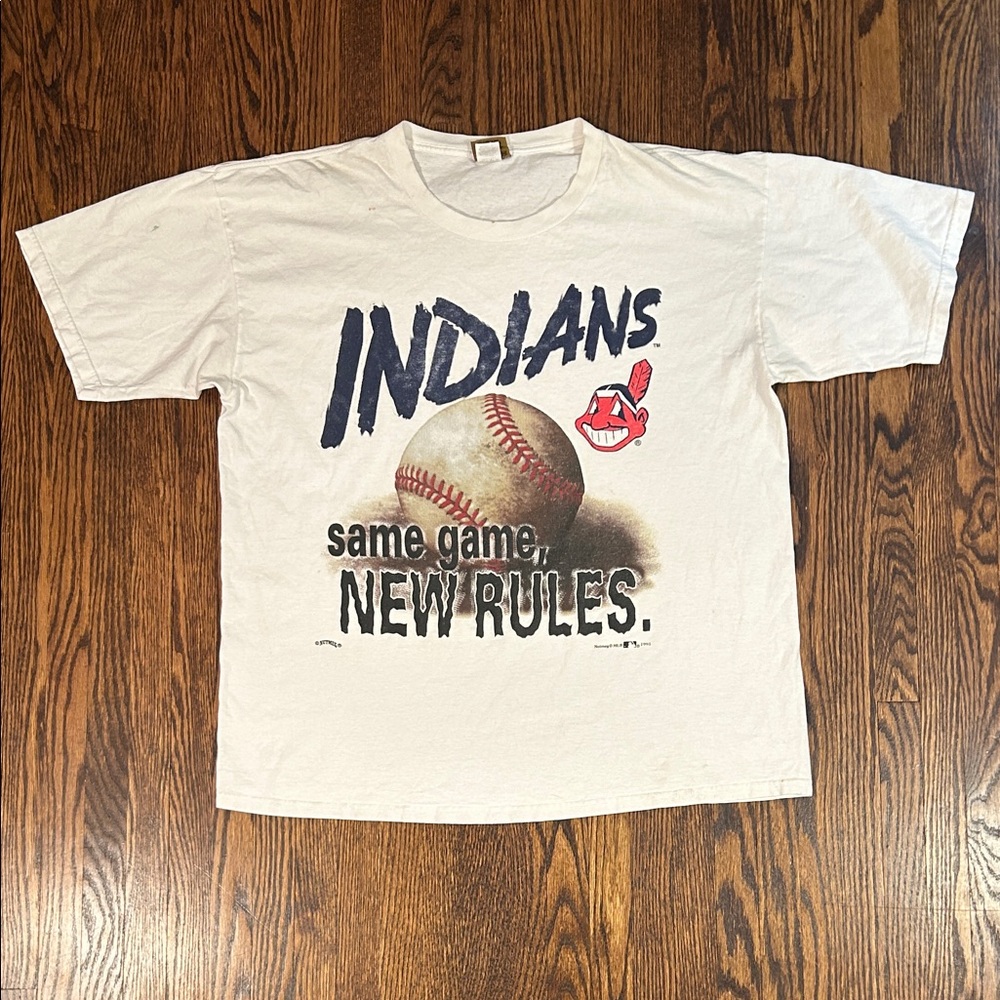 Vintage White 'Indians' Graphic Tee with Red and Navy Accents